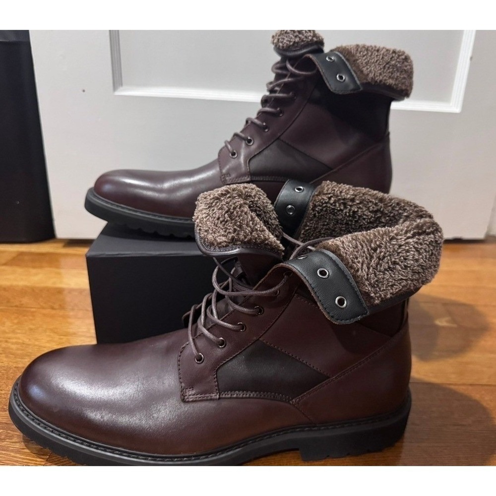 NEW Bar III Griffin Mens Brown Leather Faux Shearling Fold Over Combat Boots 12M